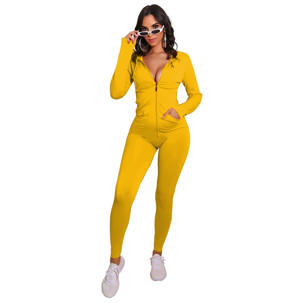 Autumn Sports Fitness Solid Plain Zip Up Hoodie Jumpsuit