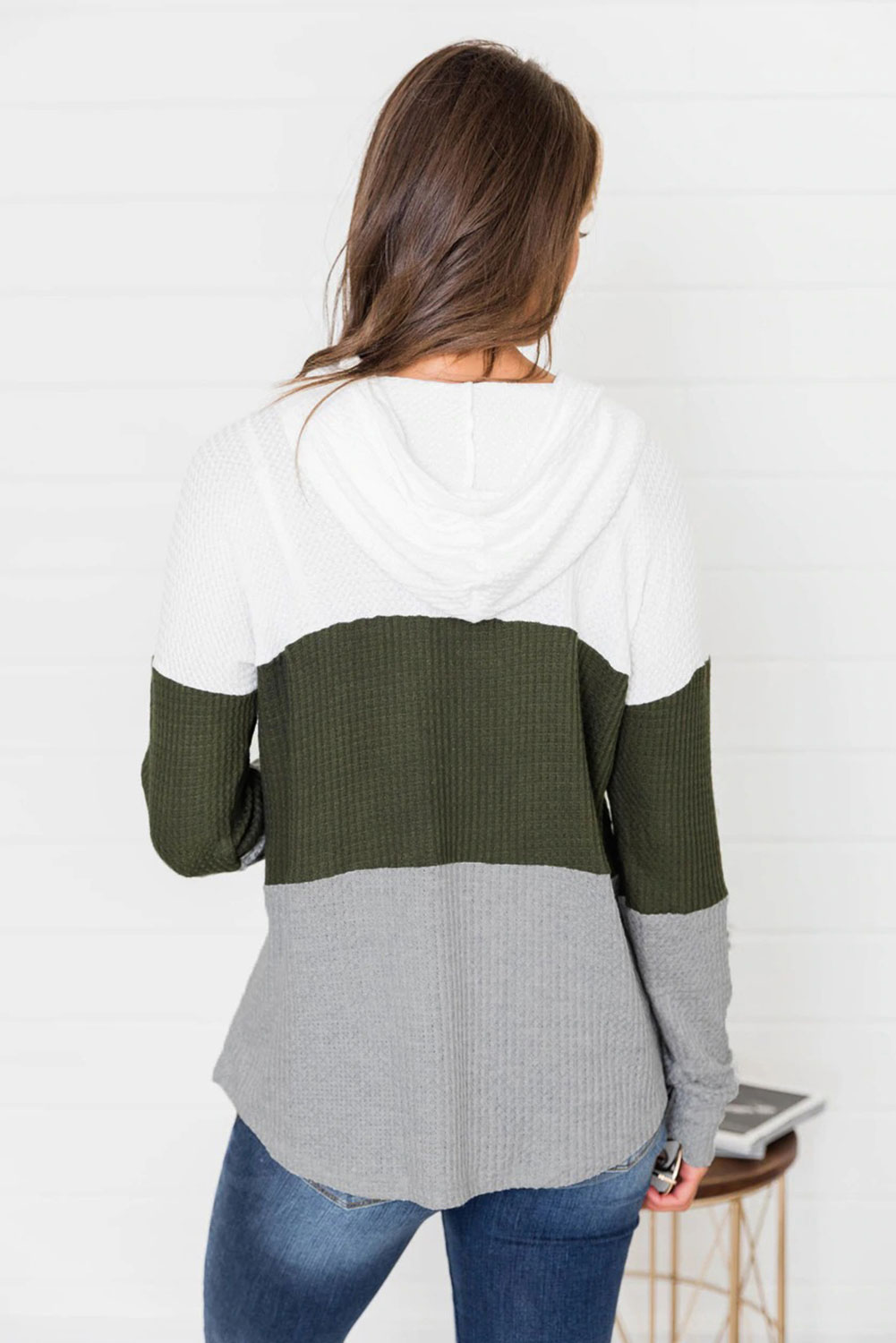 Green Color Block Drawstring Thumbhole Hoodie