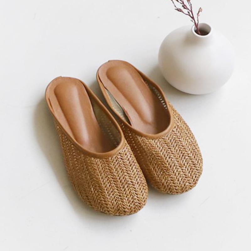 Women Beach Pu Flats Faux Straw Braided Slippers Shoes