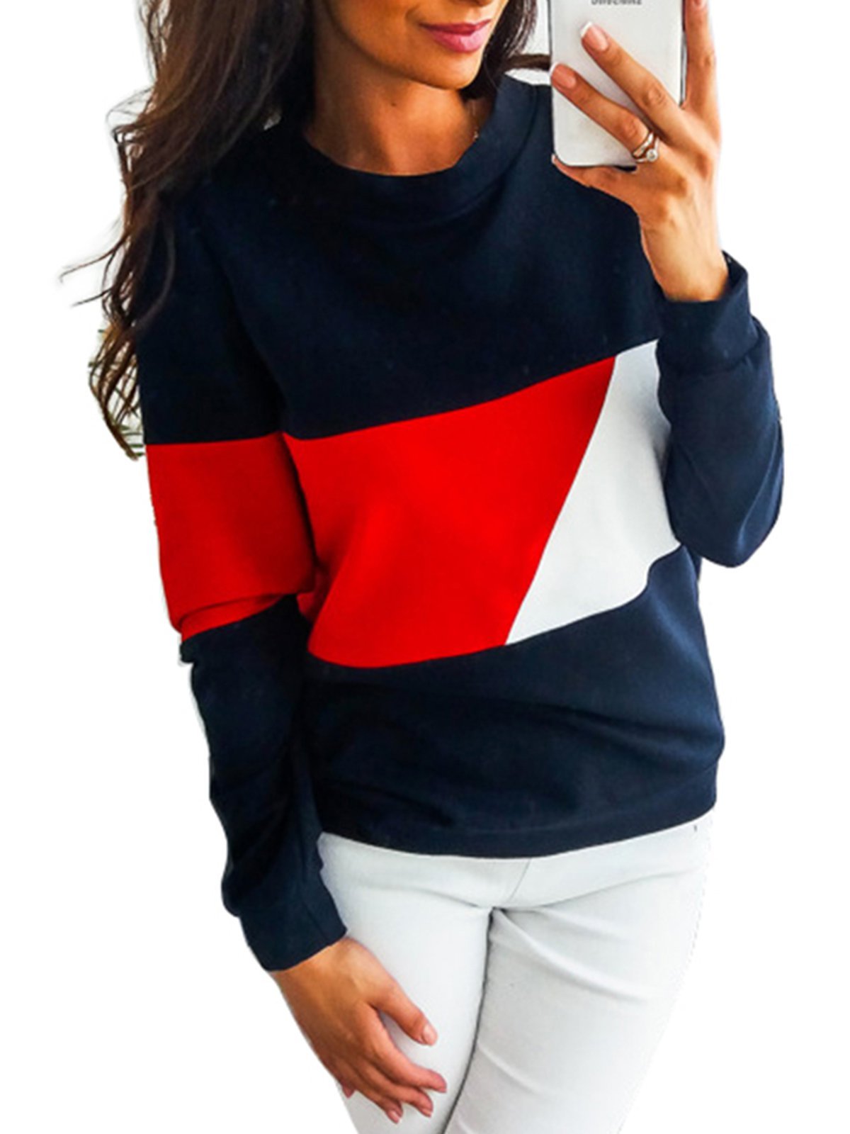 Casual Polyester Color-block Solid Sweatshirt