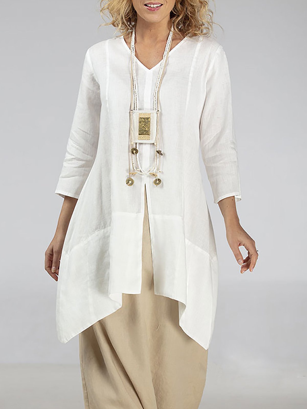 Women Casual 3/4 Sleeve Side Slit Shirts Plus Size Blouses