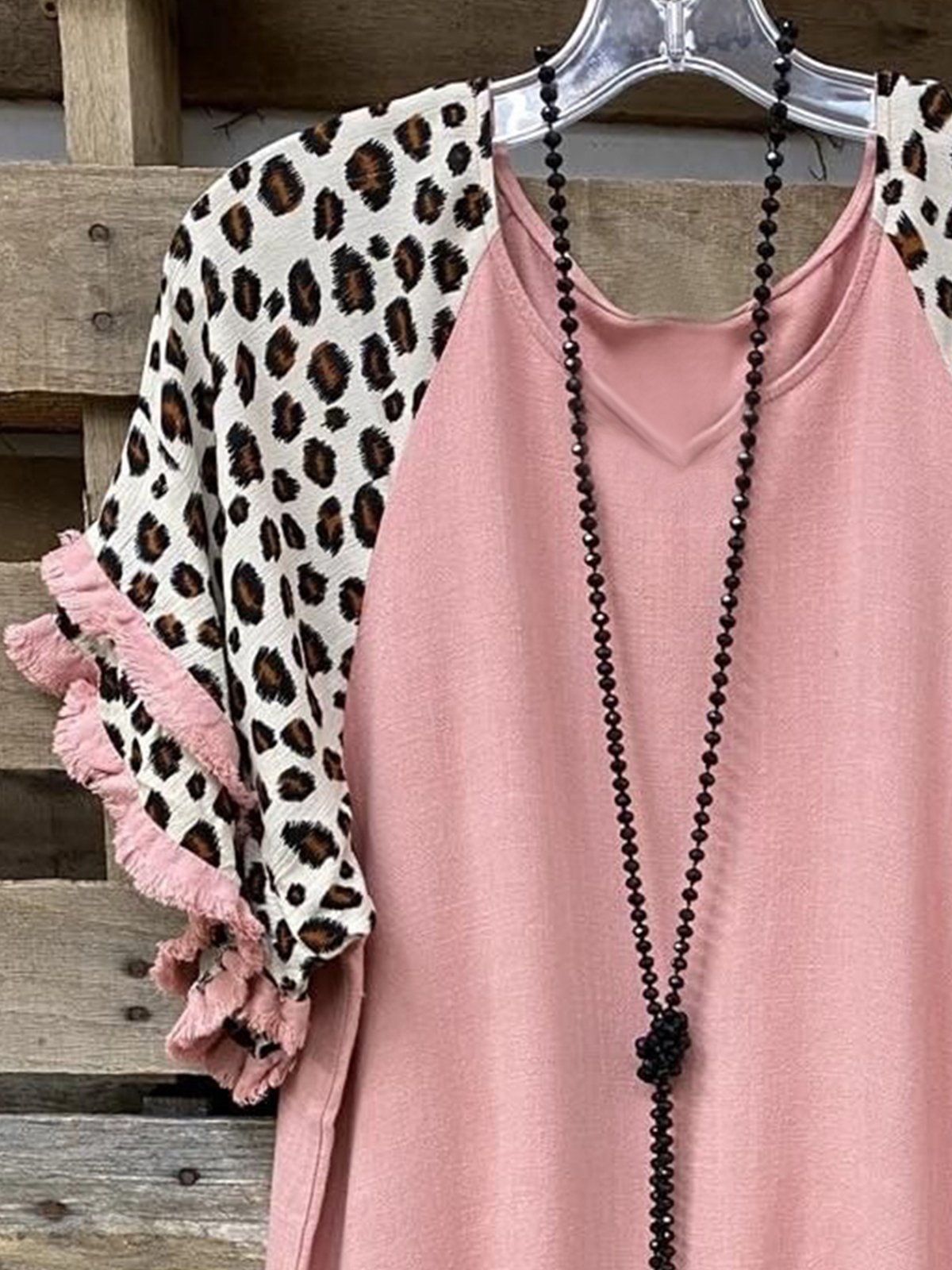 Vintage Leopard Printed Tassel Plus Size Short Sleeve V Neck Casual Tops