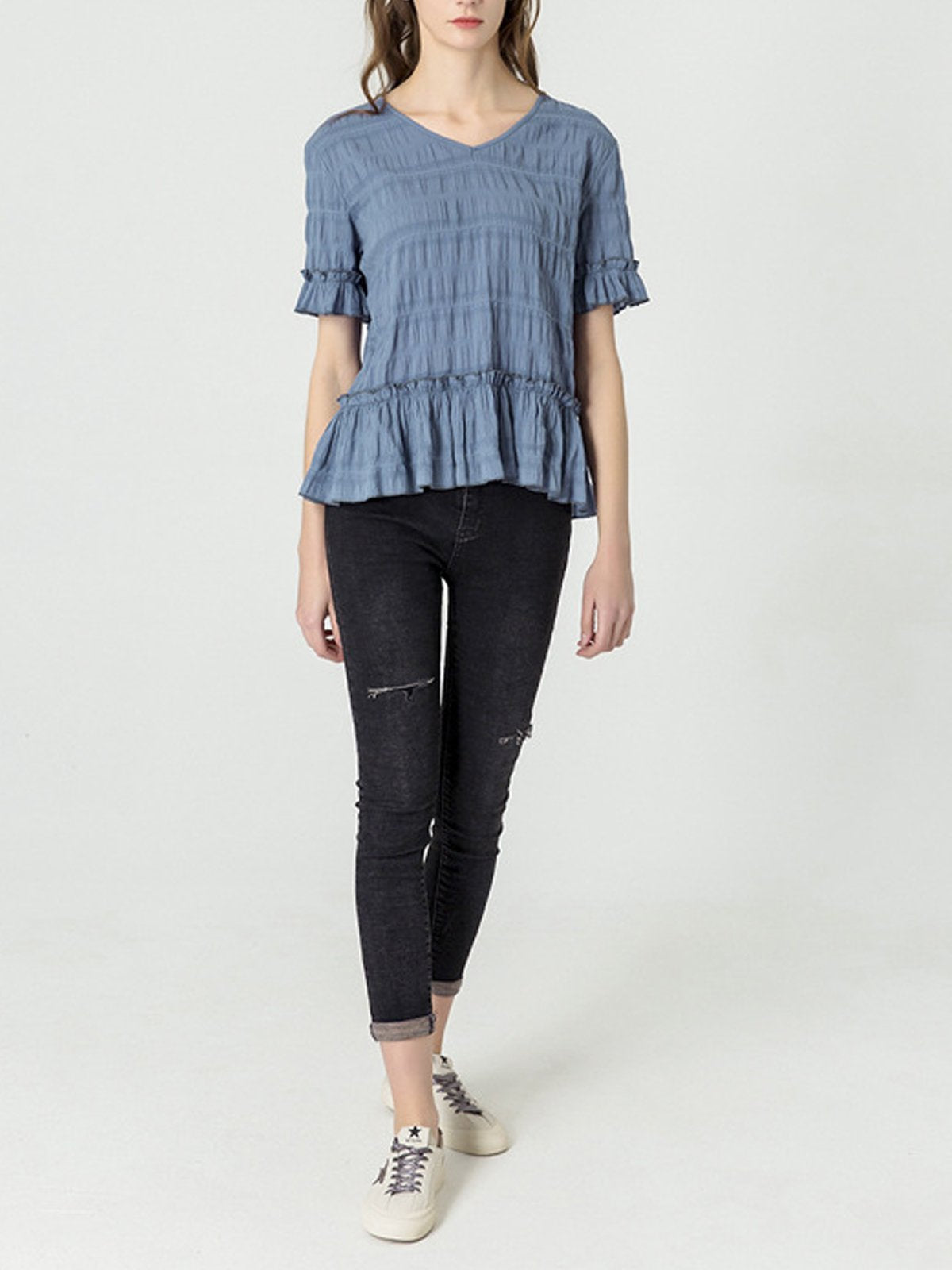 Blue Short Sleeve V Neck Cotton Shirts & Tops