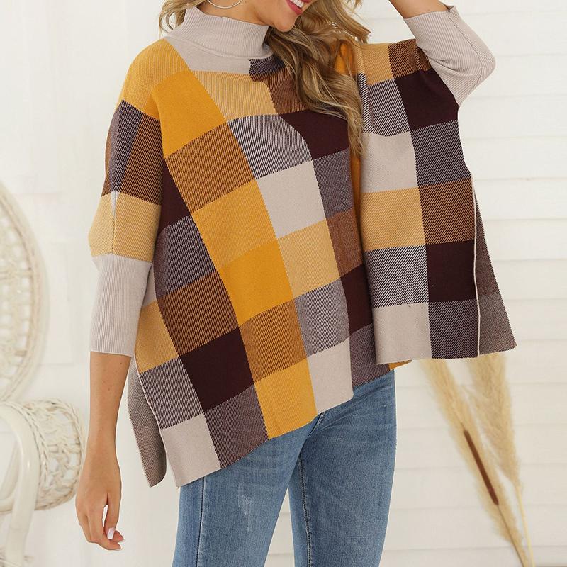 European And American Style High Collar Bracelet Sleeve Splicing Plaid Sweater