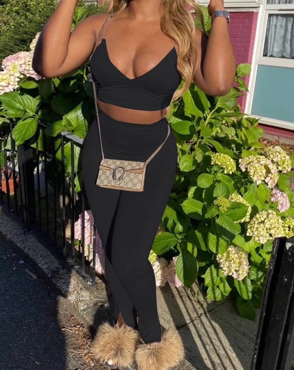 Solid Color Sexy Strap Crop Top and High Waist Pants Set