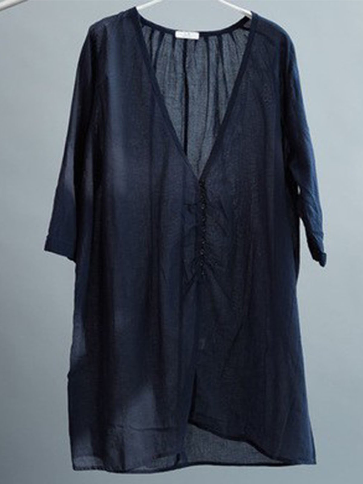 Plus Size Women Solid Front Button With Gray Sling Tops Loose Casual Midi Cotton Shirt