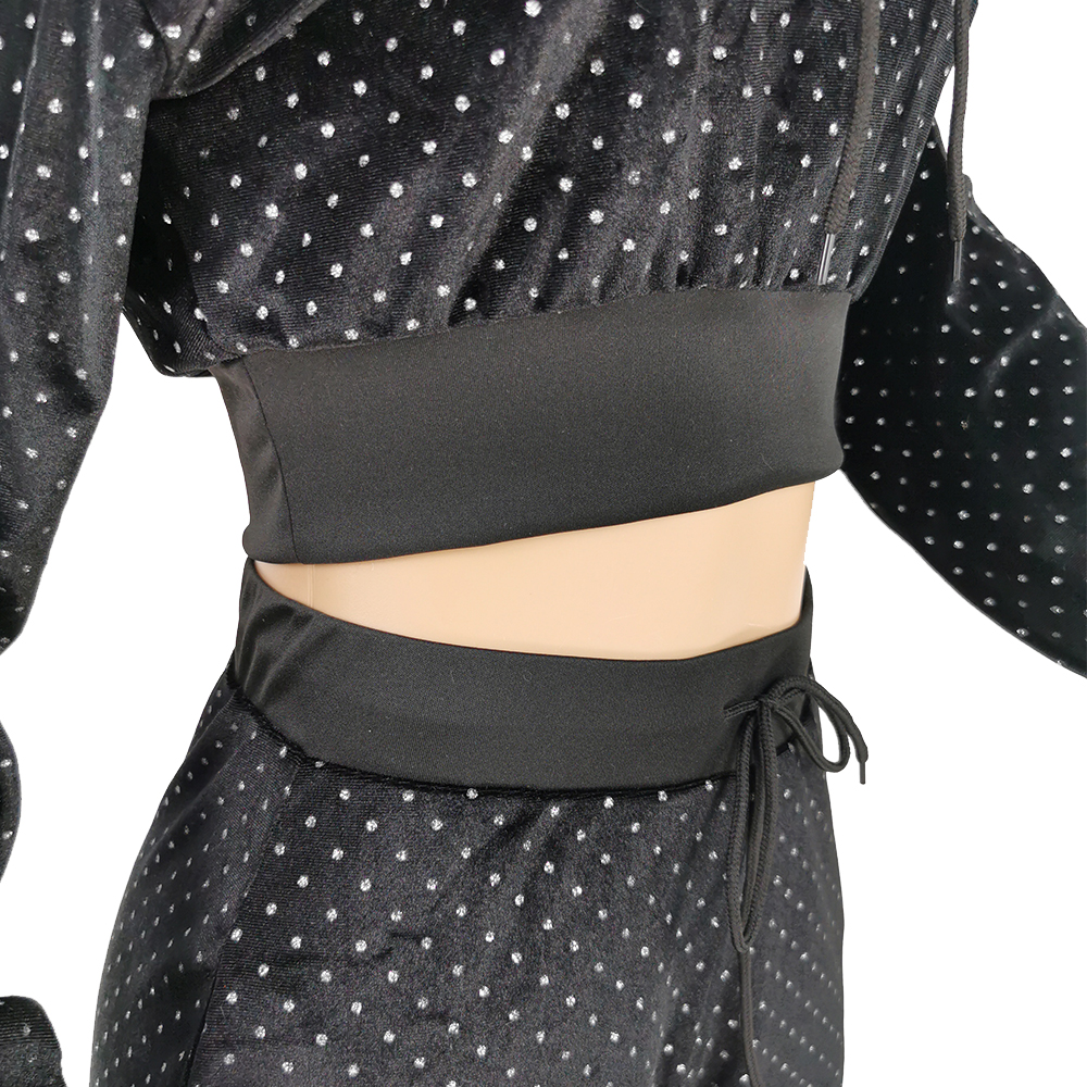 Autumn Sequins Black Crop Top and Pants Hoody Sweatsuit