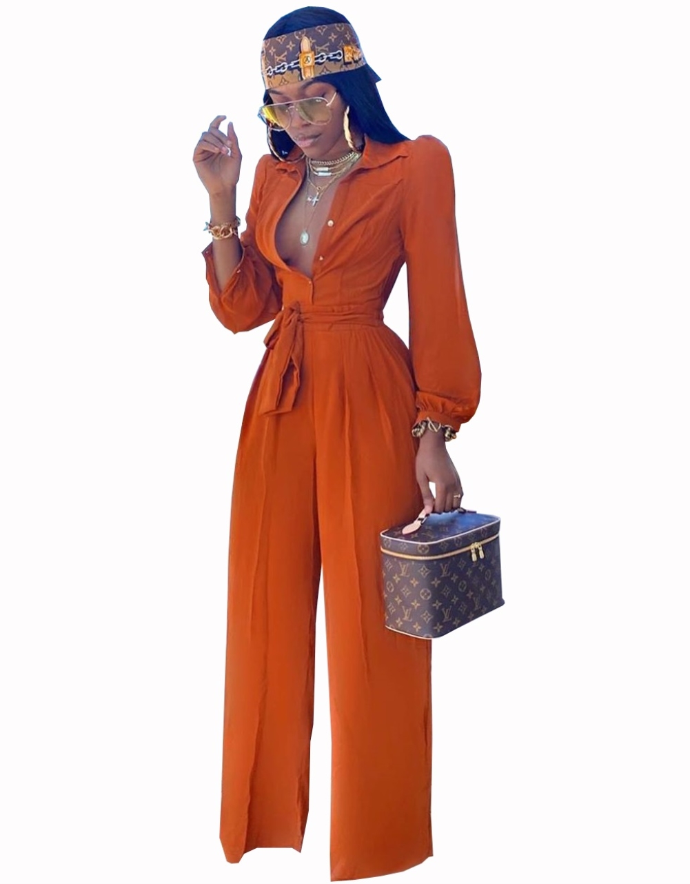Solid Color Elegant Long Sleeve Jumpsuit with Belt