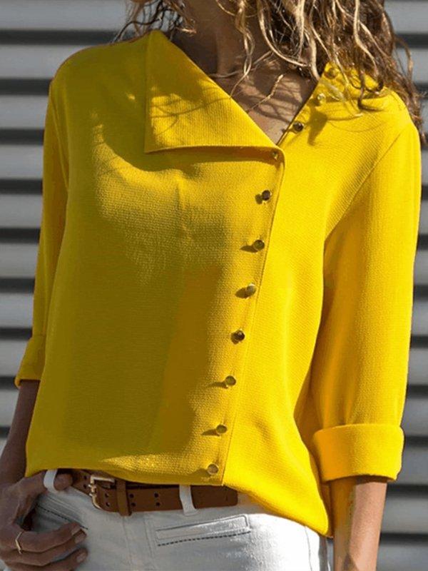 Shift Long Sleeve Casual Solid Buttoned Blouse