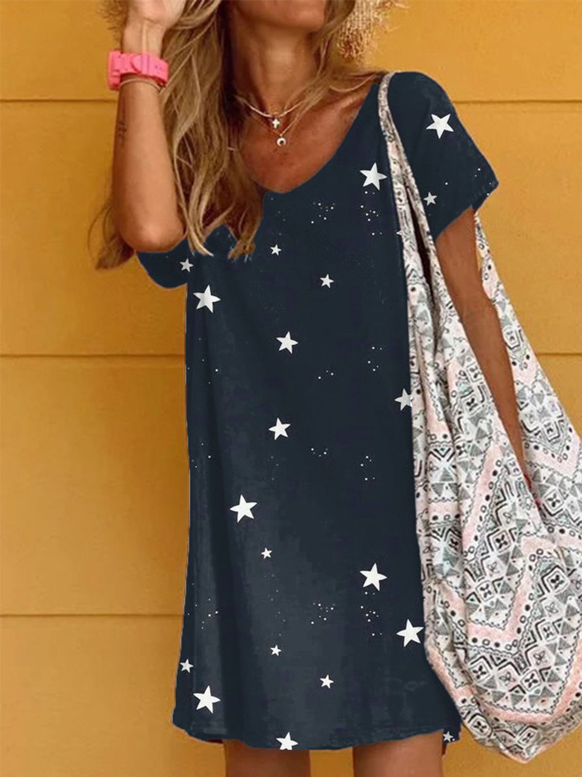 Deep Blue Casual Floral-Print V Neck Short Sleeve Dresses