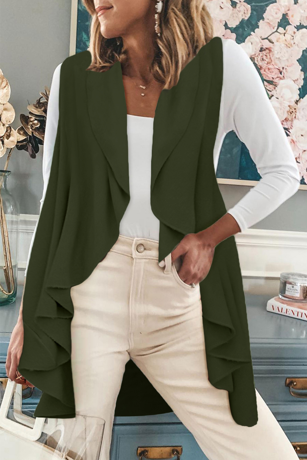 绿色无袖中长款开襟垂褶马甲外套