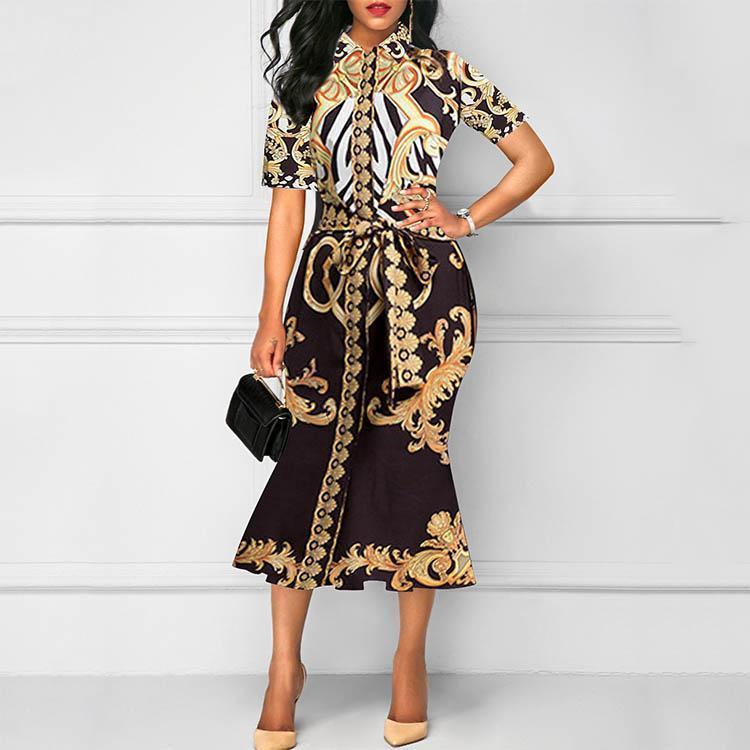 Fold-Over Collar  Abstract Print Bodycon Dress