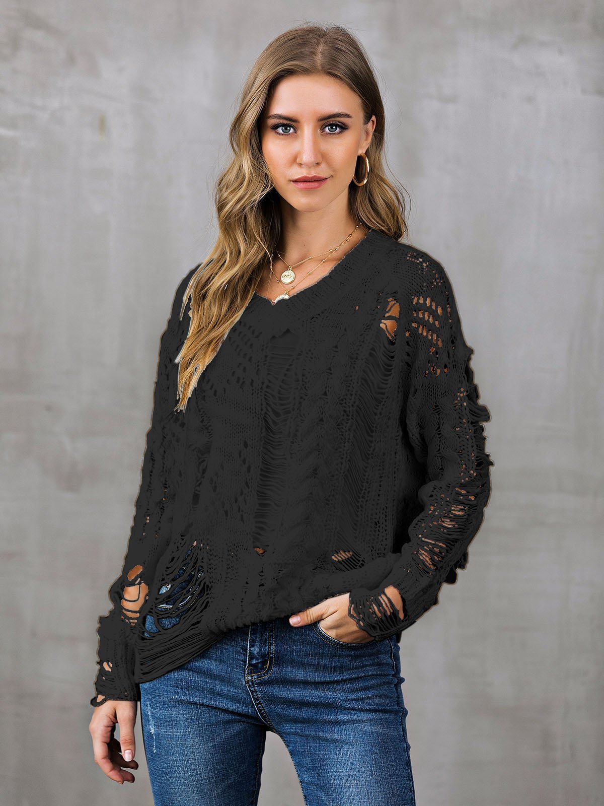 V Neck Casual Long Sleeve Ripped Sweaters
