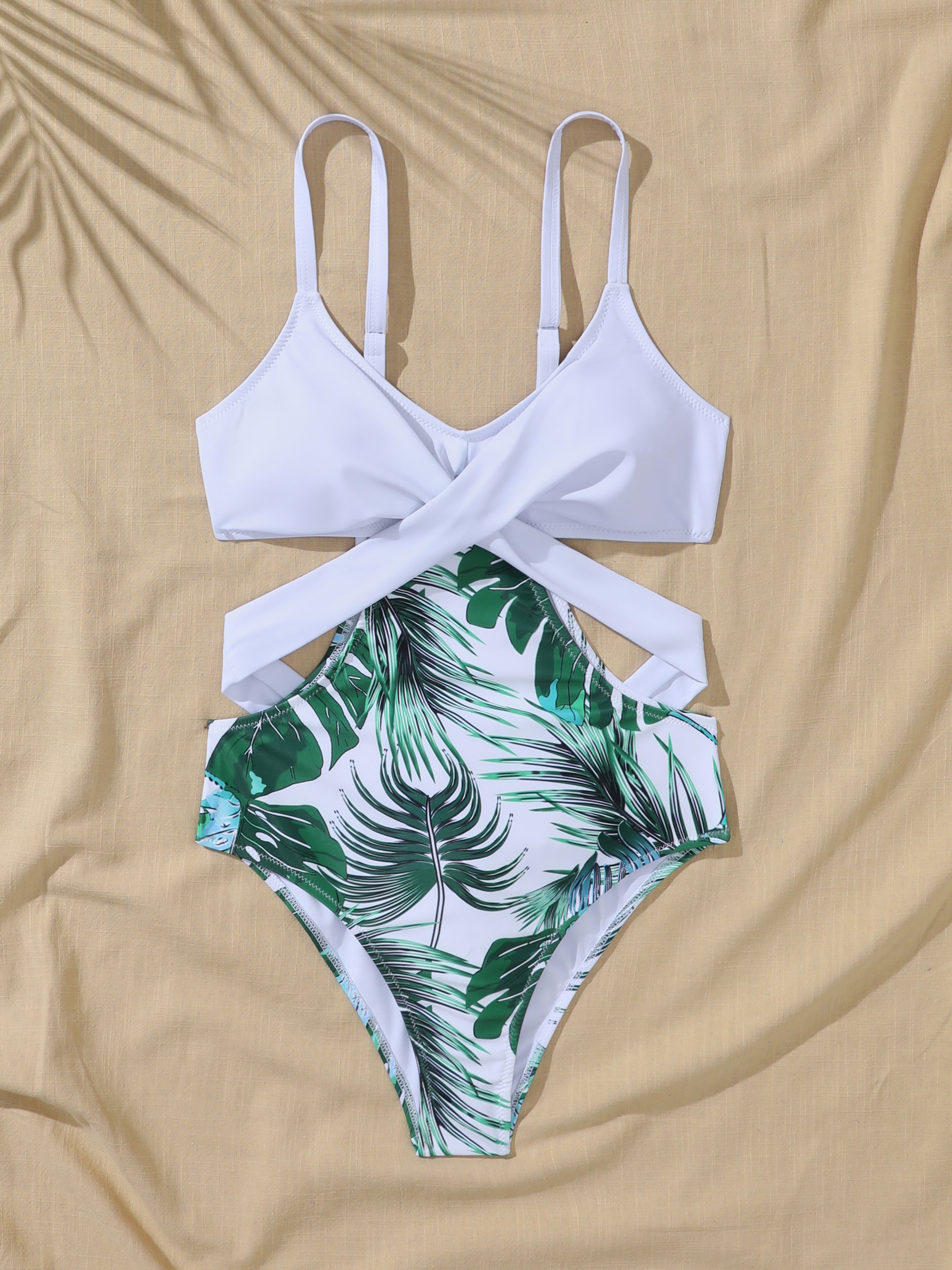 Leaf Print Crisscross One-Piece Swimwear