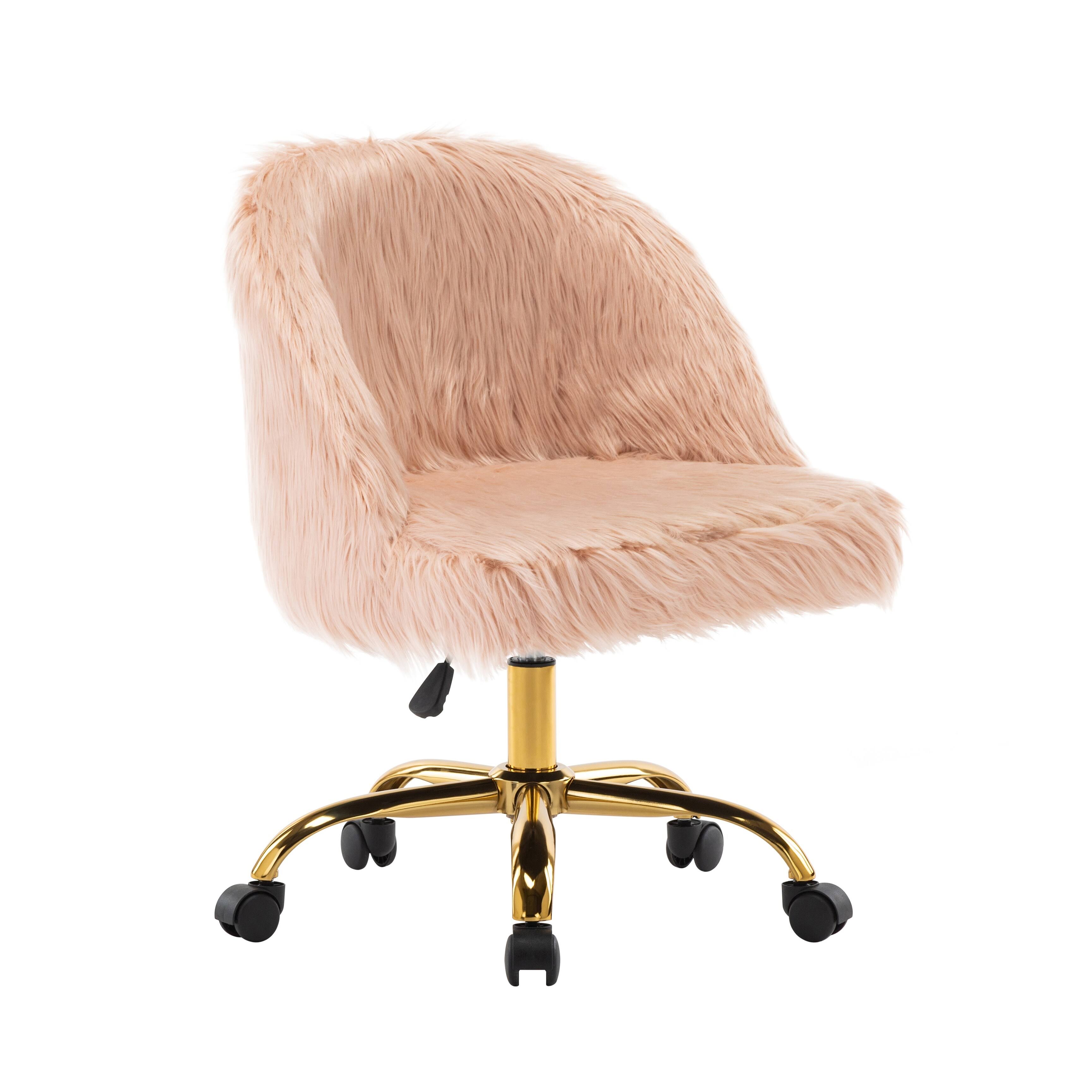Porthos Home Nara Swivel Office Chair , Shaggy Plush, Gold Metal Legs - Pink