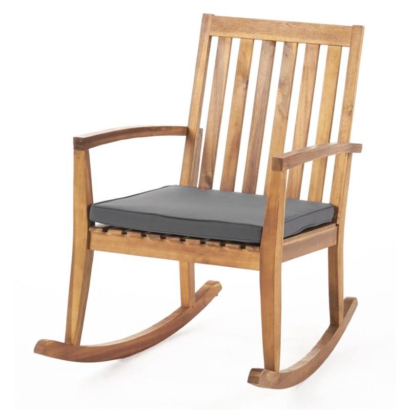 Montrose Teak Brown Wood Outdoor Rocking Chair with Dark Grey Cushions