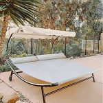 Abba Patio Double Chaise Lounge Outdoor with Adjustable Canopy and Pillow Extra Large Patio Hammock Bed Wheeled for Outside, Sun Room, Garden, Courtyard, Pool, 6.6��L x 6.5��W, Cream