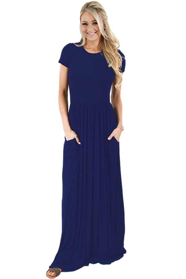 Navy Blue Short Sleeve Ruched Waist Maxi Dress