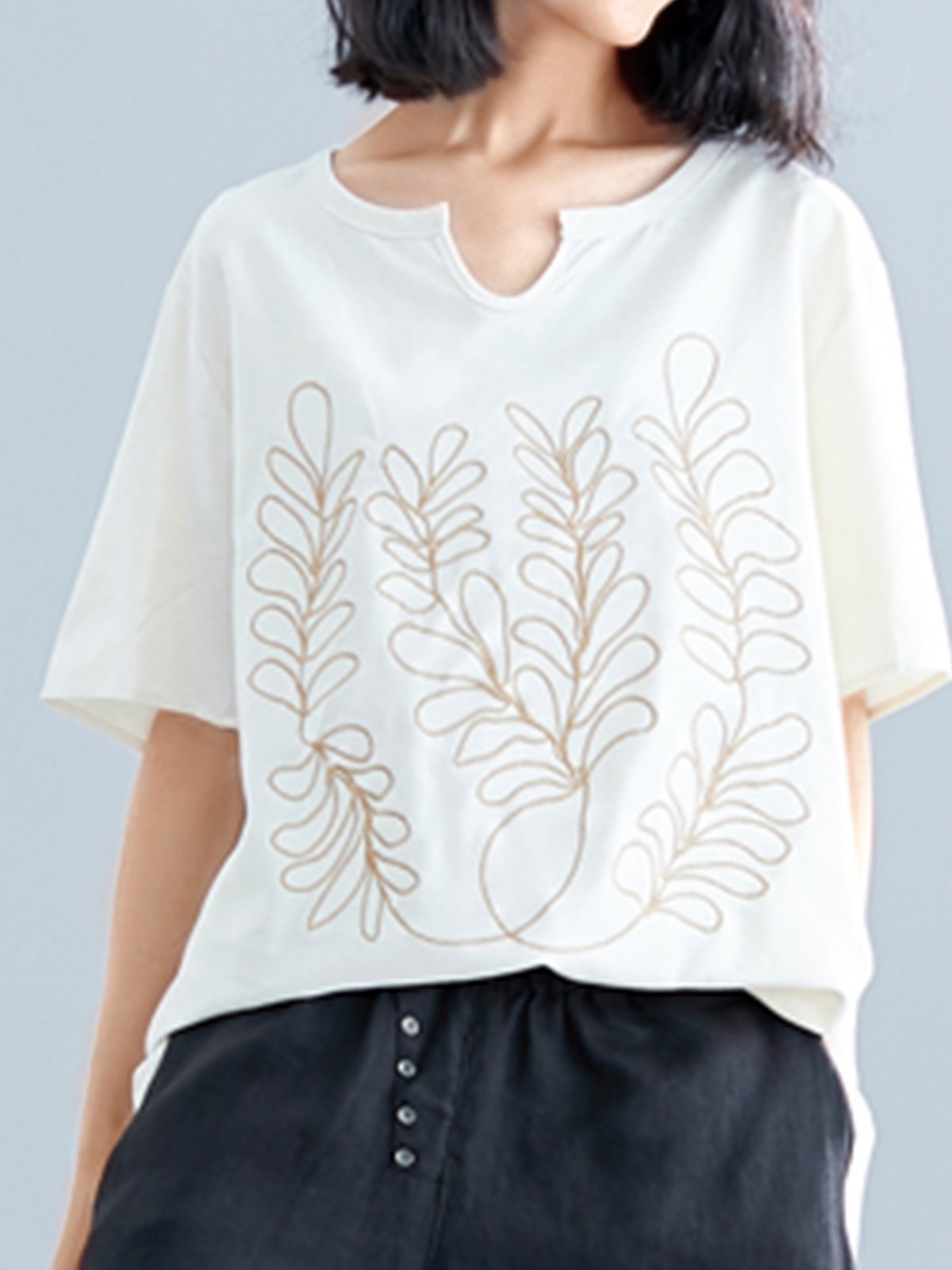 Plus Size Women Short Sleeve Round Neck Vintage Embroidered Floral Casual Tops