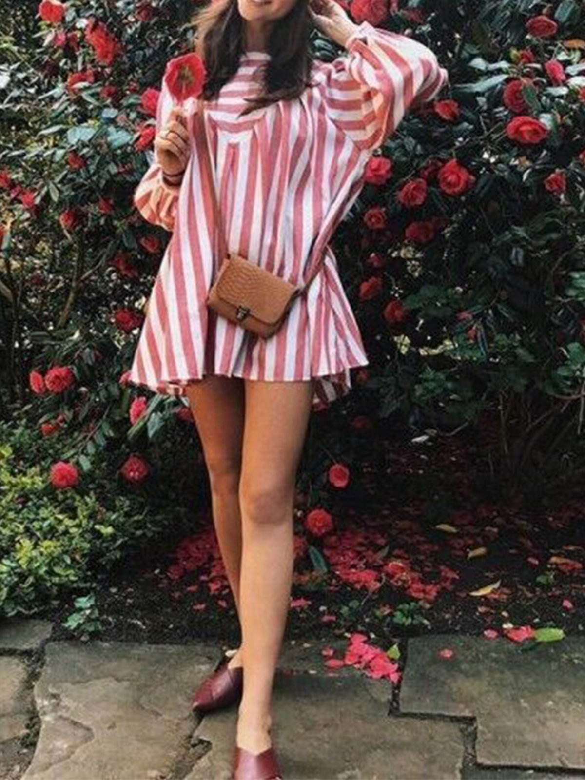 Striped Balloon Sleeve Boho Round Neck Casual Dresses