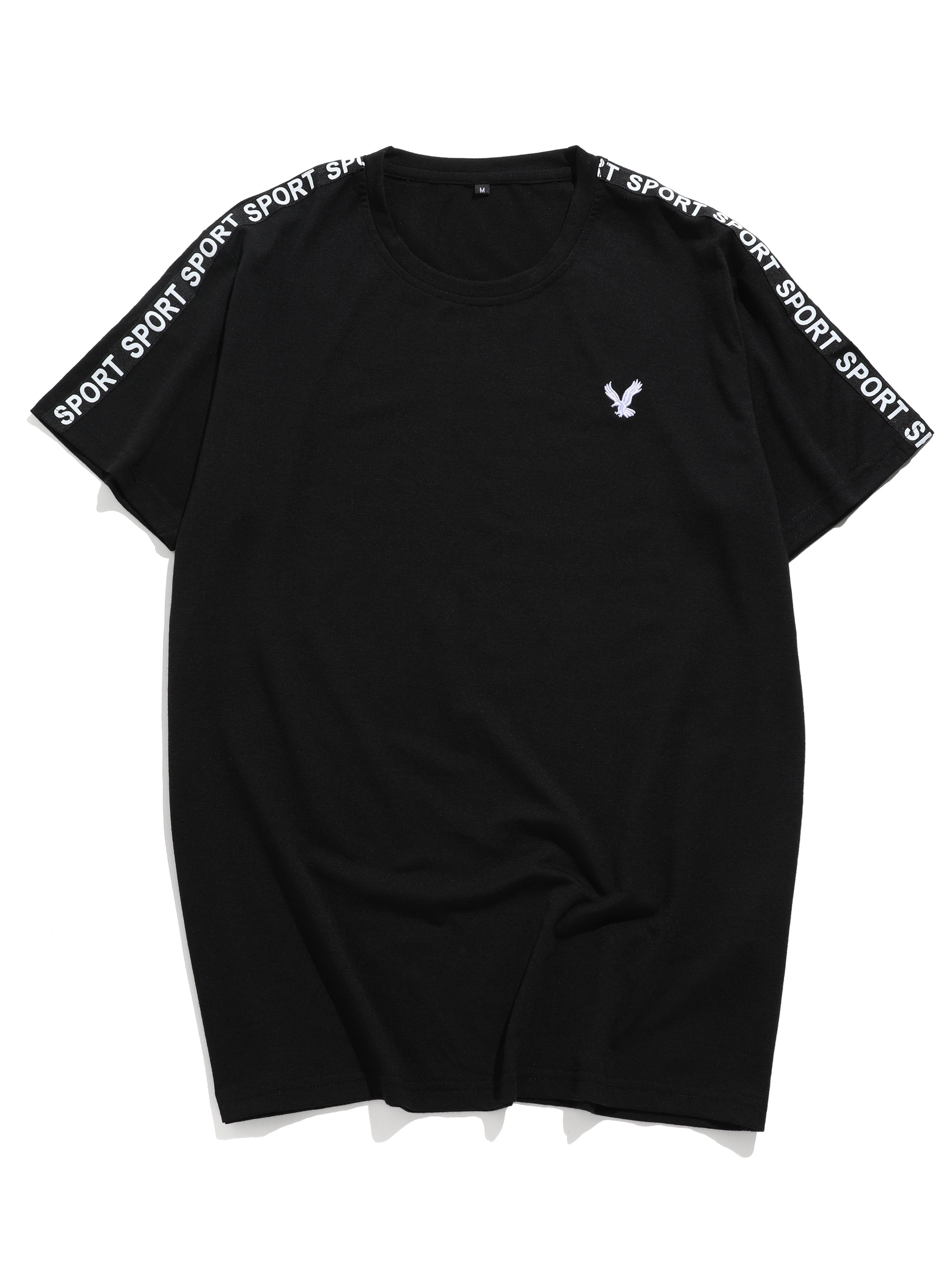 Men's Eagle Embroidered Letter Tape Round Neck T-Shirt