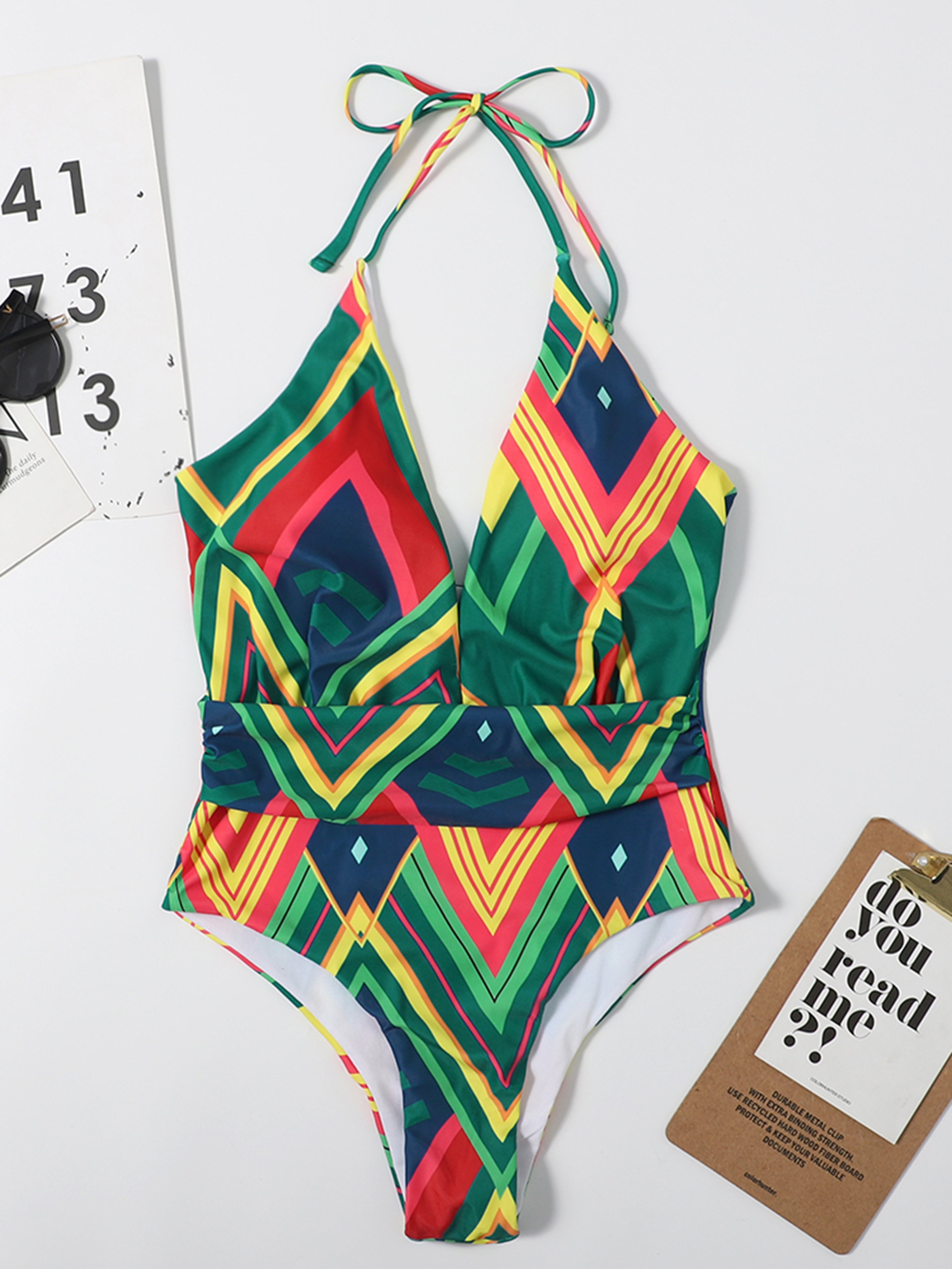Geometric Pattern Halter Collar One-Piece Swimsuit