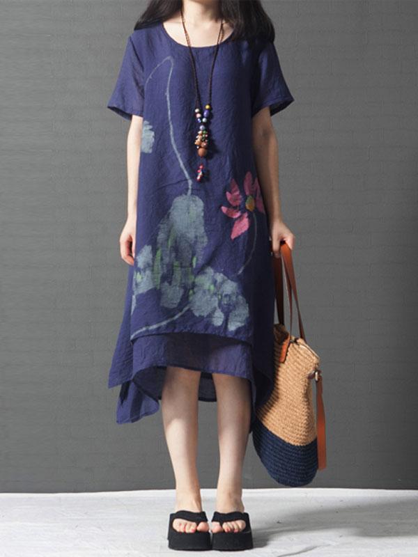 Floral-Print Casual Short Sleeve V Neck Linen Dresses
