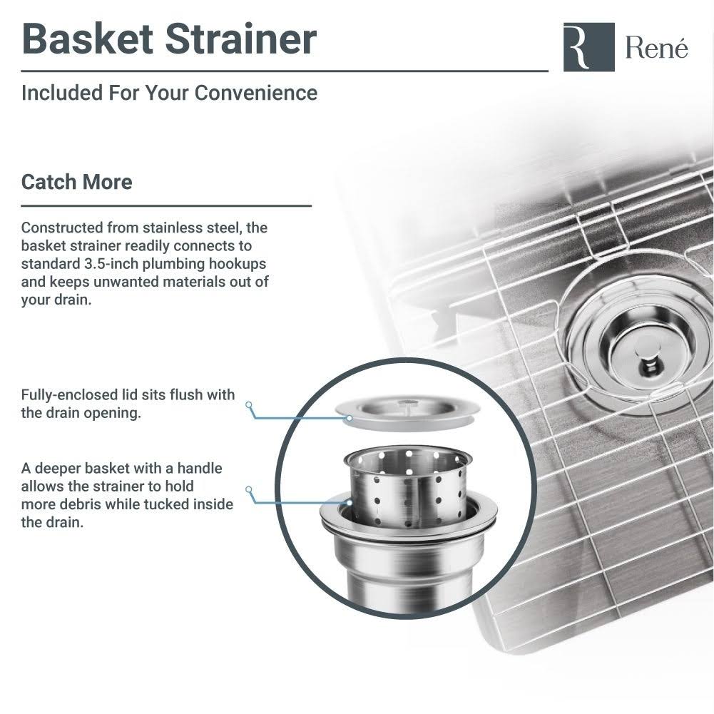 Rene R1-3003R-16 Offset Stainless Steel Apron Kitchen Sink in 16-Gauge with Two Grids and Two Strainers