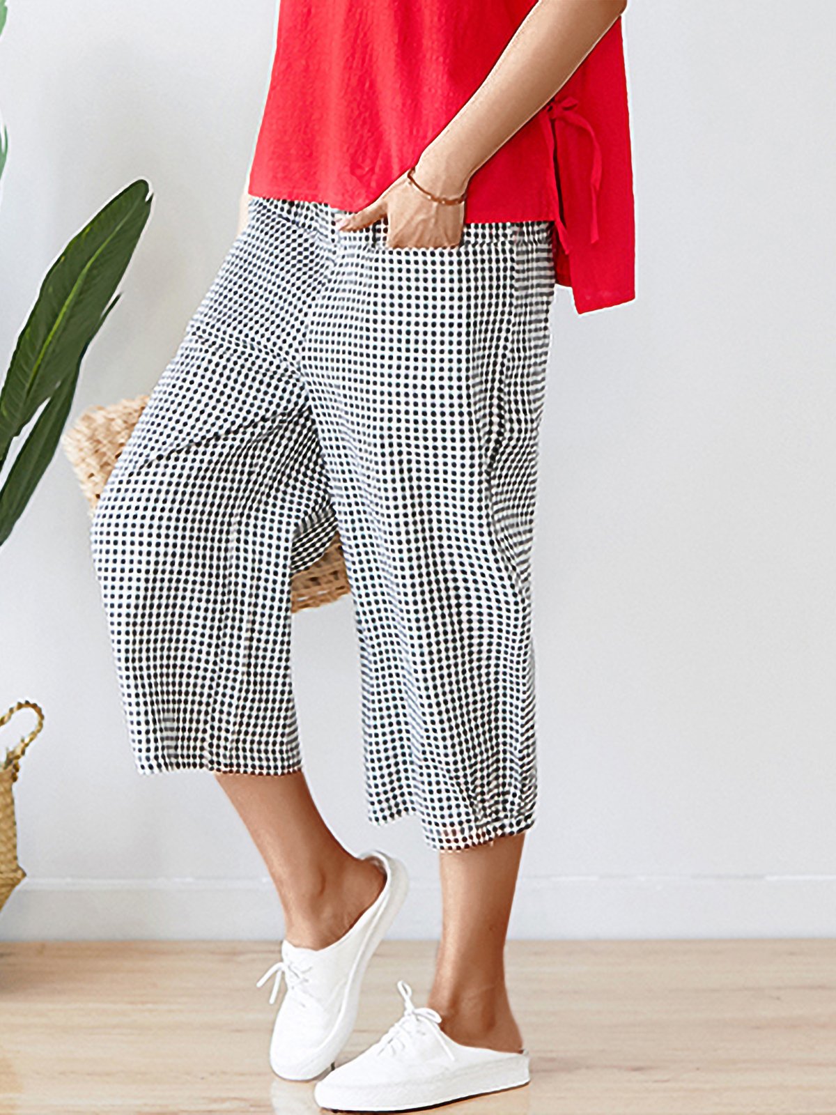 Plus Size Women Plaid Loose Cotton Wide-leg Pants