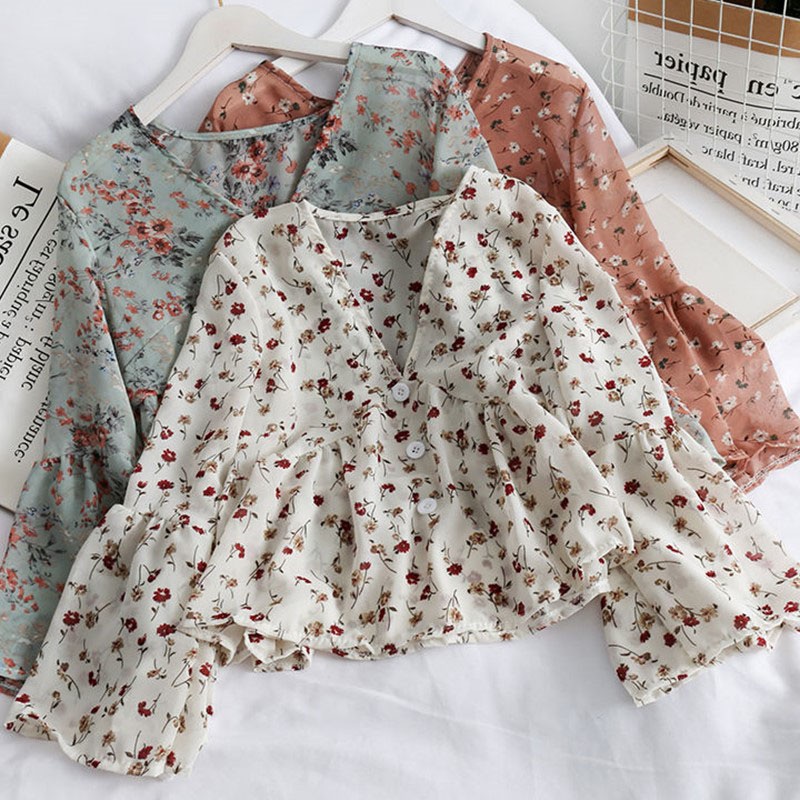 Chiffon Floral Blouses For WomenSoft Retro Chic Ladies Shirts  Temperament Fresh Popular Trendy Ulzzang Button Femme Clothing