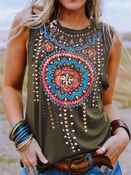 Crew Neck Sleeveless Printed Tribal Shirts & Tops