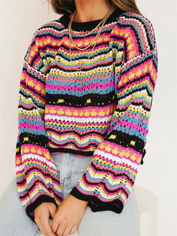 Stylish Stitching Knitted Loose Multicolor Round Neck Striped Sweater