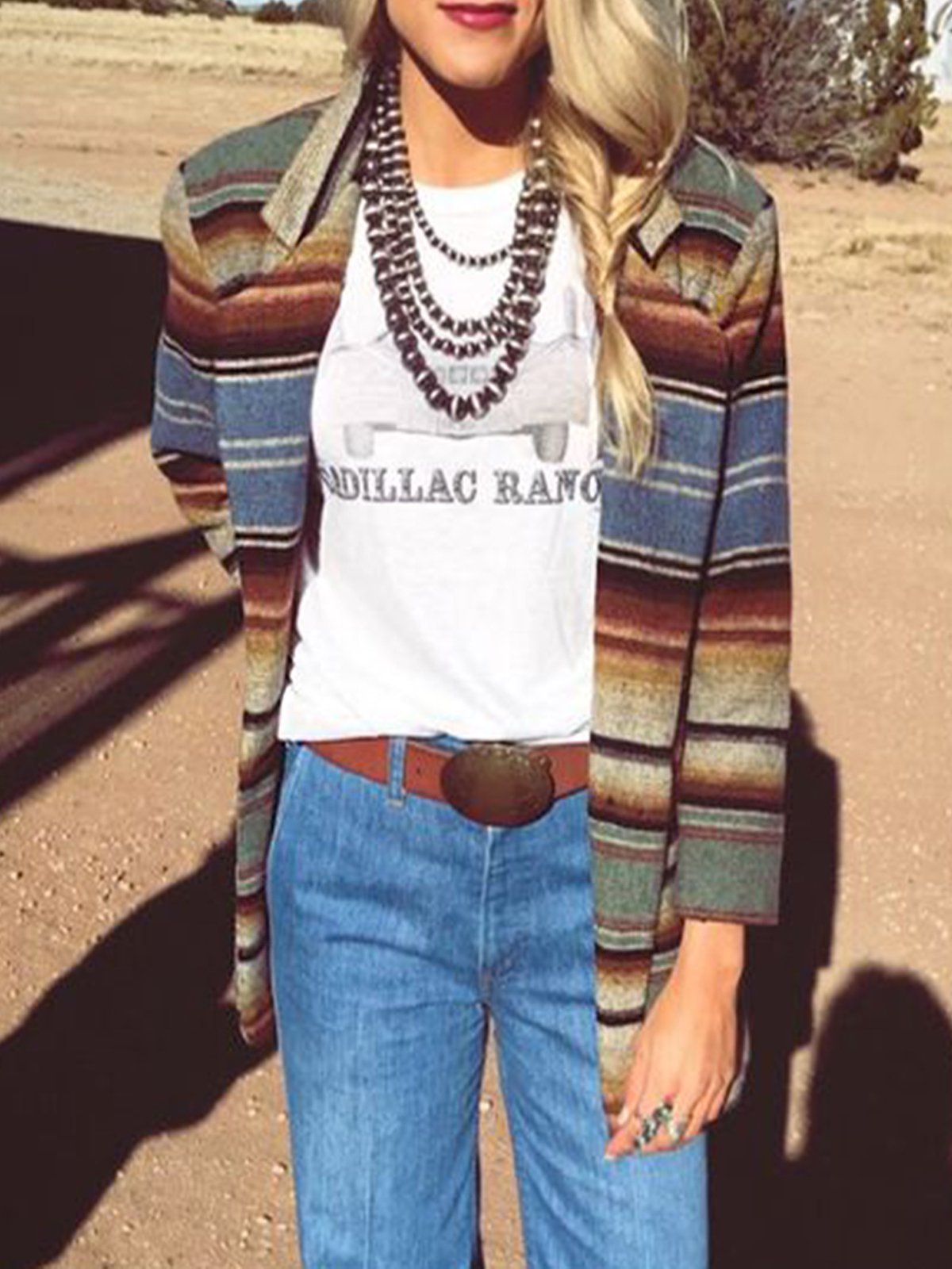 Multicolor Stripes Lapel Cotton-Blend Long Sleeve Outerwear