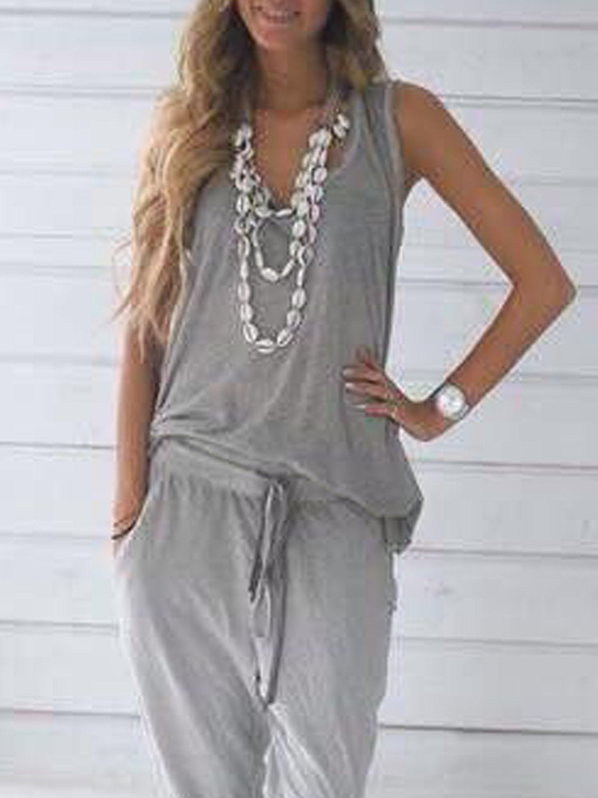 Gray Sleeveless Plain V Neck Cotton Shirts & Tops
