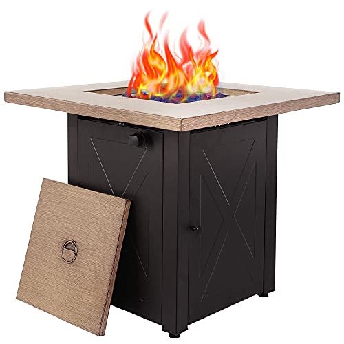 LEGACY HEATING Propane Fire Pit Table 28 inch Outdoor Gas Fire Pit Table, 50,000 BTU Steel 28��� Fire Table with Lid and Lava Rock, Square Beige and Black Firepit Table for Outside Patio Backyard Garden