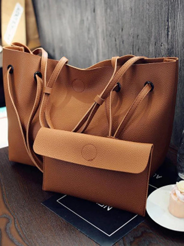 Women 2PCS High Capacity  PU Shoulder Bag with Mini Clutch Purse