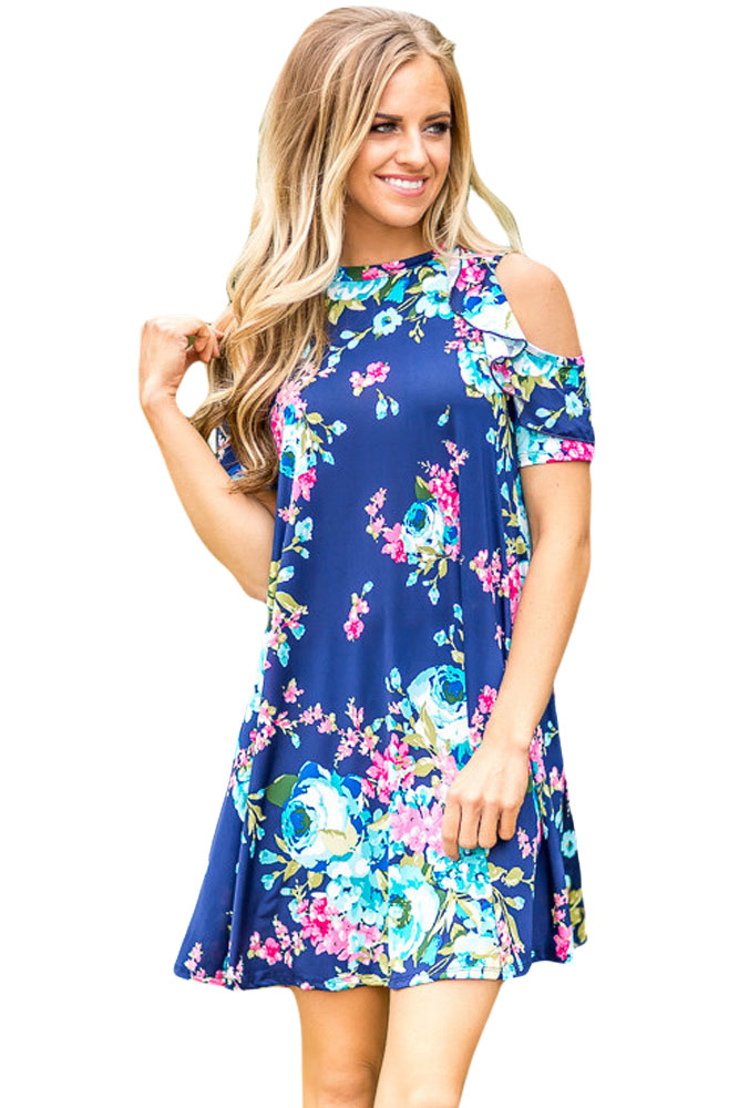 Ruffled Cold Shoulder Blue Floral Dress
