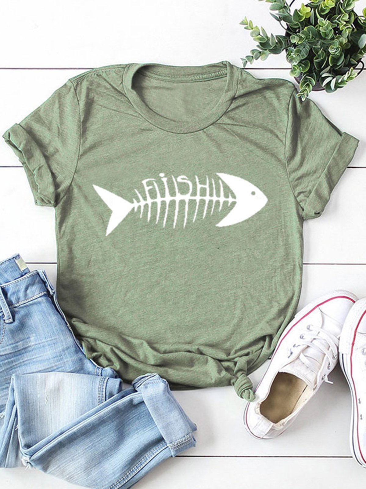Casual Fish Bone Printing Crew Neck Short Sleeve T-Shirt