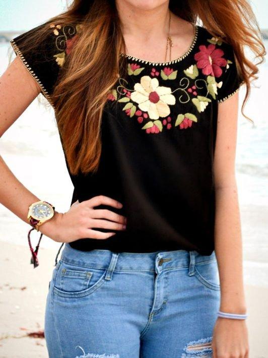 Vintage Crew Neck Shift Color-Block Shirts & Tops