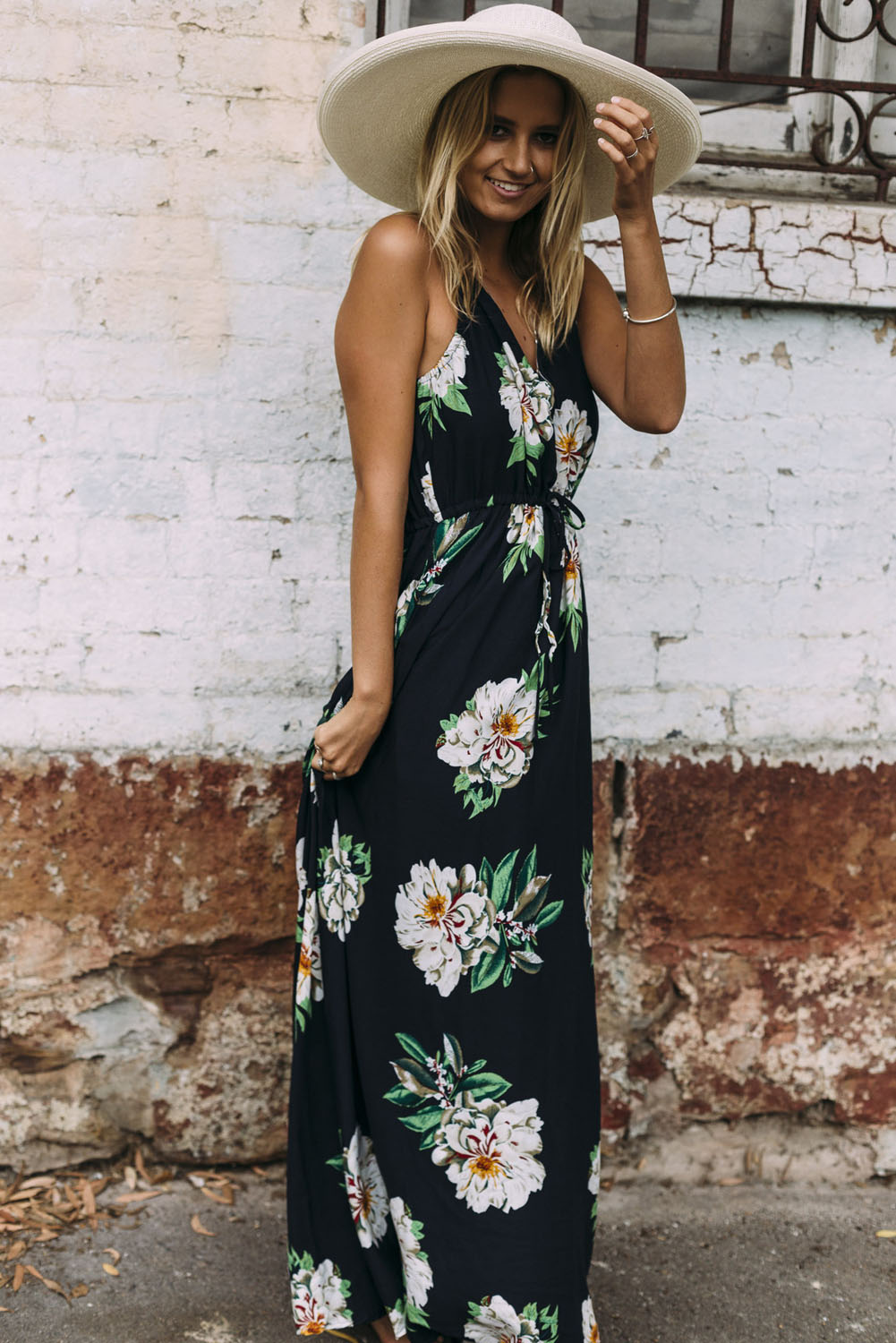 Navy Flowery Print Sexy V Neck Maxi Dress
