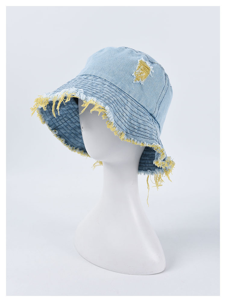 Hat female color hole denim fisherman hat Korean casual wild fringe basin hat tide couple sunscreen sun hat BU2079