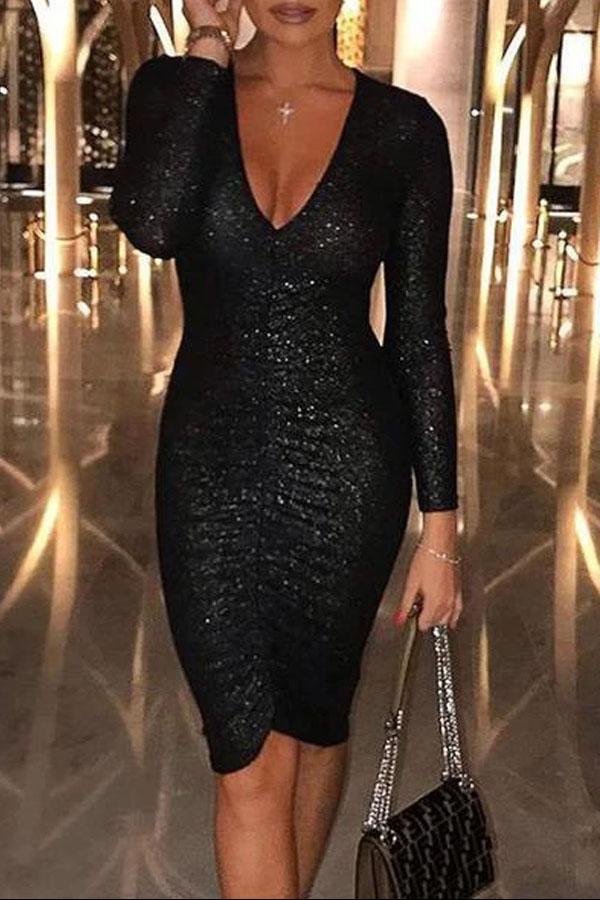 Sexy Deep V Sequins Long Sleeve  Bodycon Dresses