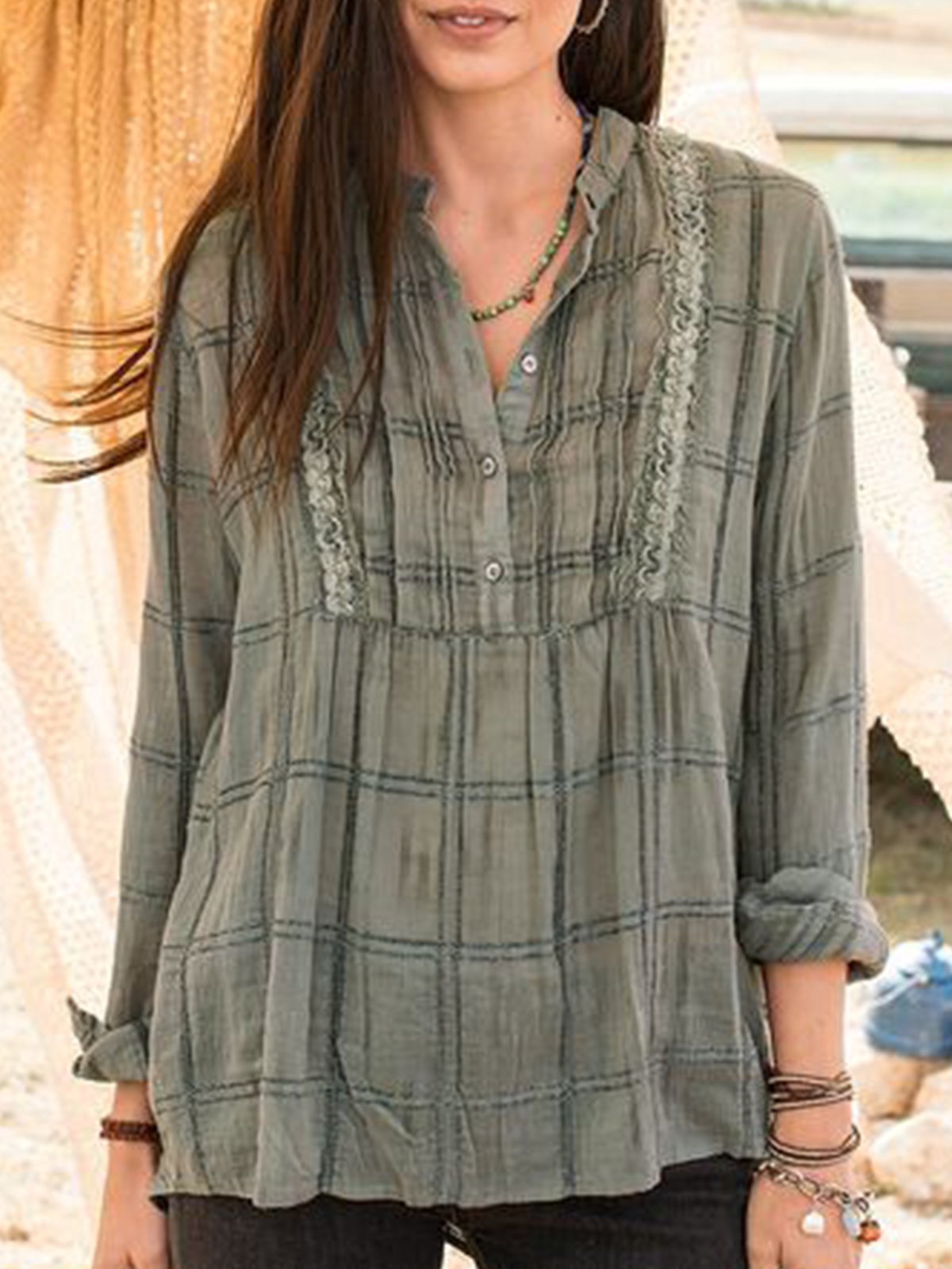 Green Gray Checkered/plaid Long Sleeve Vintage Shirts & Tops