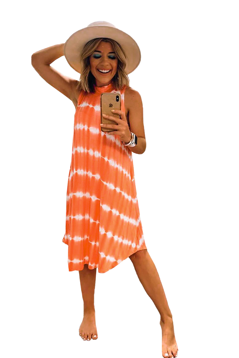 橙色扎染印花背心式连衣裙