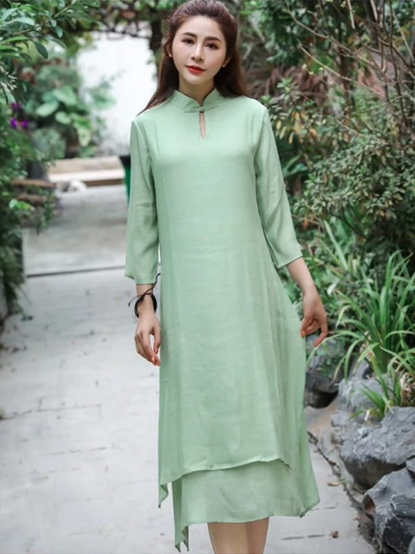 Asymmetrical Vintage white green cotton linen dress