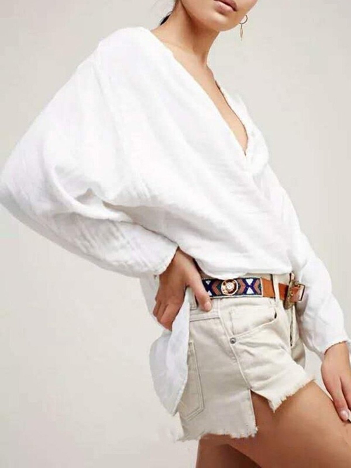 Long Sleeve Cotton V neck Solid Blouse
