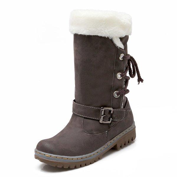 Womens Snow Boots Buckle Fur Lining Mid Calf Flat Boots