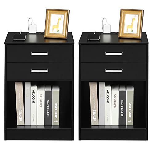 ADORNEVE Nightstand Nightstand with Charging Station for Bedroom/Set of 2,Black