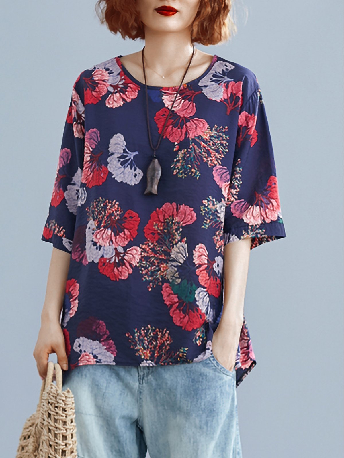 Plus Size Women Cotton And Linen Round Neck Short Sleeve Vintage Floral Casual Tops
