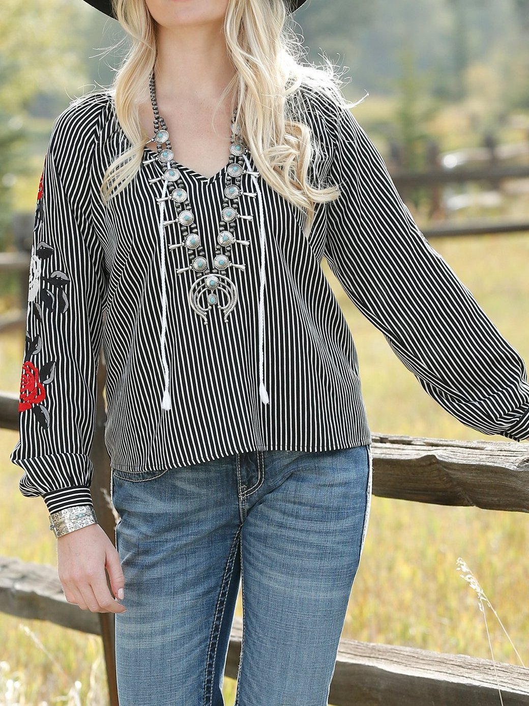 Long Sleeve Paneled V Neck Floral Shirts & Tops